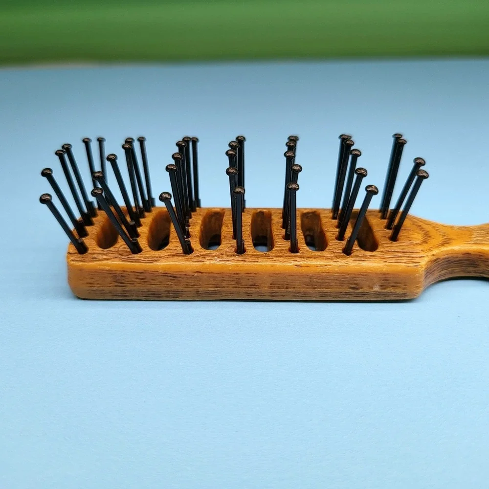 Vintage Goody Vented Hair Brush & Hand Mirror Travel Purse Plastic Faux Wood USA